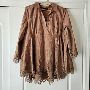 Roaman's Embroidered Lace Tunic Blouse Shirt Womens 22W Brown Boho Babydoll